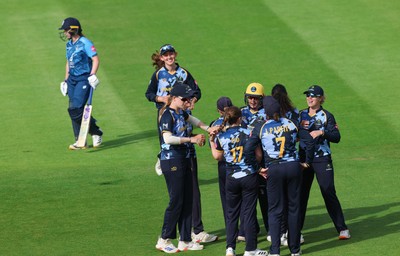230526 - Glamorgan Women v Derbyshire Falcons Women, Vitality Blast Women League 2 - Glamorgan celebrate as Rhiannon Knowling-Davies of Derbyshire Falcons Women is dismissed