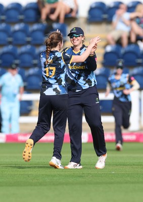 230526 - Glamorgan Women v Derbyshire Falcons Women, Vitality Blast Women League 2 - Glamorgan celebrate taking the wicket of Liv Baker of Derbyshire Falcons Women