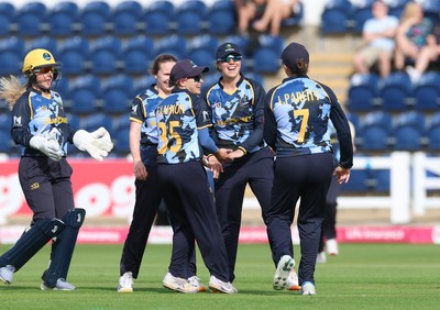 230526 - Glamorgan Women v Derbyshire Falcons Women, Vitality Blast Women League 2 - Glamorgan celebrate taking the wicket of Liv Baker of Derbyshire Falcons Women