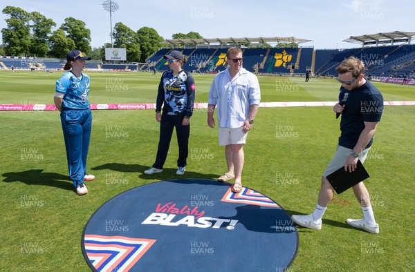 230526 - Glamorgan Women v Derbyshire Falcons Women, Vitality Blast Women League 2 - Lauren Parfitt captain of Glamorgan Women and Derbyshire Falcons Women captain Adrianna Darlow at the coin toss