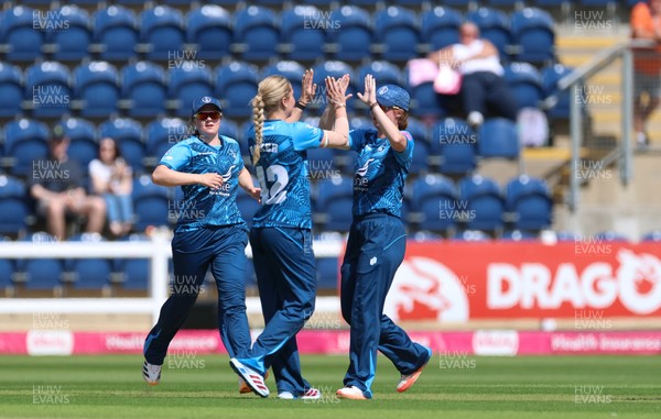 230526 - Glamorgan Women v Derbyshire Falcons Women, Vitality Blast Women League 2 - Derbyshire celebrate as they take the wicket of Lauren Parfitt of Glamorgan Women