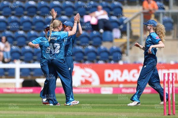 230526 - Glamorgan Women v Derbyshire Falcons Women, Vitality Blast Women League 2 - Derbyshire celebrate as they take the wicket of Lauren Parfitt of Glamorgan Women