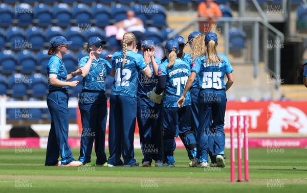 230526 - Glamorgan Women v Derbyshire Falcons Women, Vitality Blast Women League 2 - Derbyshire celebrate as they take the wicket of Lauren Parfitt of Glamorgan Women
