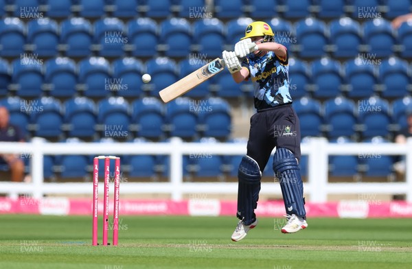 230526 - Glamorgan Women v Derbyshire Falcons Women, Vitality Blast Women League 2 - Bethan Ellis of Glamorgan Women plays a shots