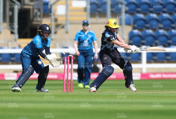 230526 - Glamorgan Women v Derbyshire Falcons Women, Vitality Blast Women League 2 - Bethan Ellis of Glamorgan Women is bowled by Adrianna Darlow