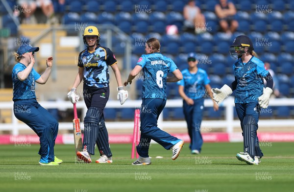 230526 - Glamorgan Women v Derbyshire Falcons Women, Vitality Blast Women League 2 - Rhiannon Knowling-Davies of Derbyshire Falcons Women celebrates after taking a hat-trick of wickets in the final over