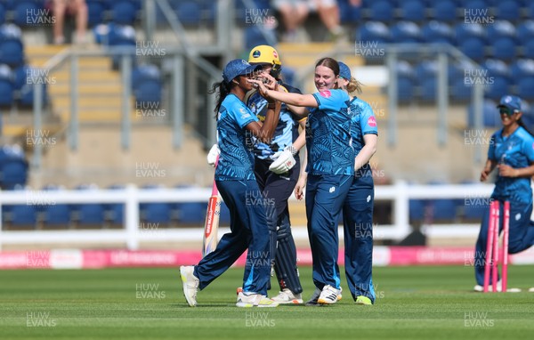 230526 - Glamorgan Women v Derbyshire Falcons Women, Vitality Blast Women League 2 - Rhiannon Knowling-Davies of Derbyshire Falcons Women celebrates after taking a hat-trick of wickets in the final over