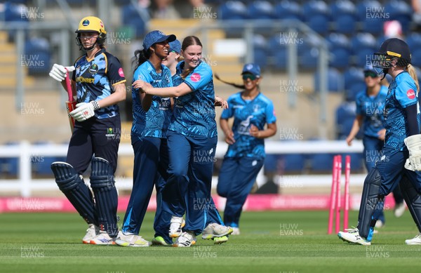 230526 - Glamorgan Women v Derbyshire Falcons Women, Vitality Blast Women League 2 - Rhiannon Knowling-Davies of Derbyshire Falcons Women celebrates after taking a hat-trick of wickets in the final over