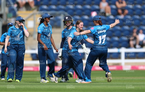 230526 - Glamorgan Women v Derbyshire Falcons Women, Vitality Blast Women League 2 - Rhiannon Knowling-Davies of Derbyshire Falcons Women celebrates after taking a hat-trick of wickets in the final over