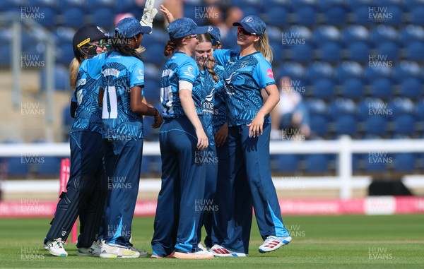 230526 - Glamorgan Women v Derbyshire Falcons Women, Vitality Blast Women League 2 - Rhiannon Knowling-Davies of Derbyshire Falcons Women celebrates after taking a hat-trick of wickets in the final over