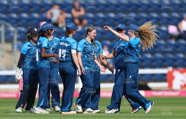 230526 - Glamorgan Women v Derbyshire Falcons Women, Vitality Blast Women League 2 - Rhiannon Knowling-Davies of Derbyshire Falcons Women celebrates after taking a hat-trick of wickets in the final over