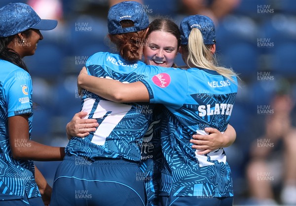 230526 - Glamorgan Women v Derbyshire Falcons Women, Vitality Blast Women League 2 - Rhiannon Knowling-Davies of Derbyshire Falcons Women celebrates after taking a hat-trick of wickets in the final over