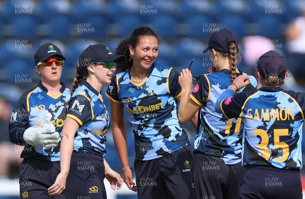 230526 - Glamorgan Women v Derbyshire Falcons Women, Vitality Blast Women League 2 - Amy Wheeler of Glamorgan Women celebrates after she bowls Tash Allen of Derbyshire Falcons Women