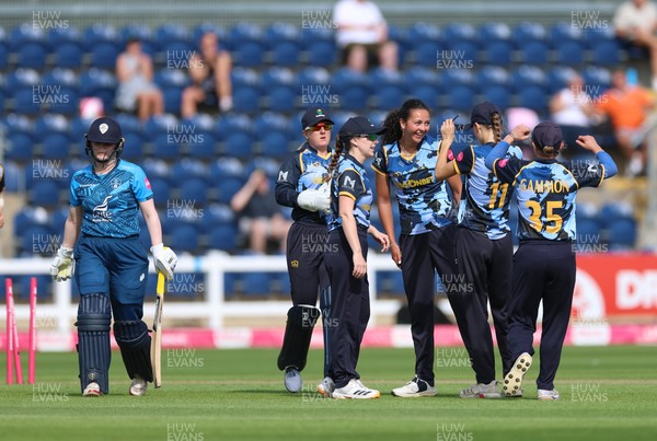 230526 - Glamorgan Women v Derbyshire Falcons Women, Vitality Blast Women League 2 - Amy Wheeler of Glamorgan Women celebrates after she bowls Tash Allen of Derbyshire Falcons Women