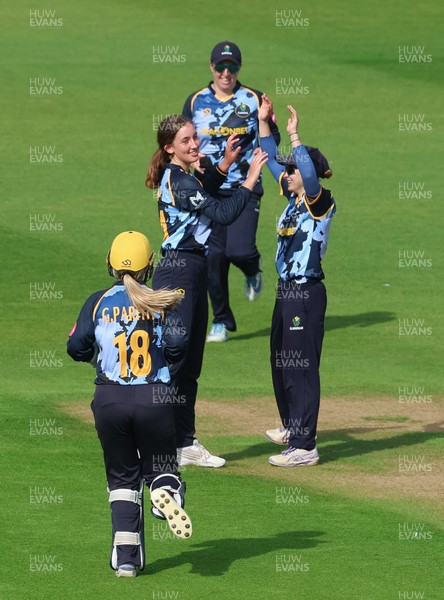 230526 - Glamorgan Women v Derbyshire Falcons Women, Vitality Blast Women League 2 - Katy Cobb of Glamorgan Women celebrates after she bowls out Malisha Tennakoon of Derbyshire Falcons Women