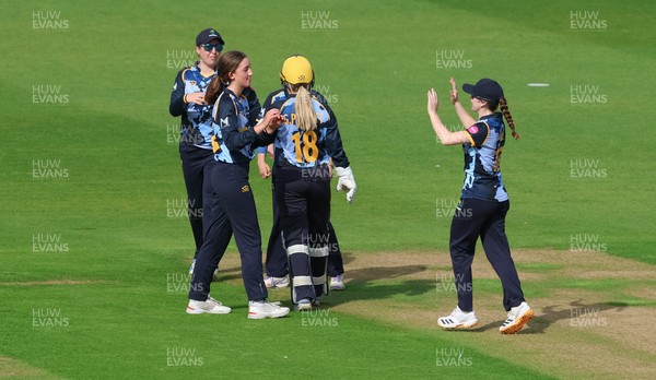 230526 - Glamorgan Women v Derbyshire Falcons Women, Vitality Blast Women League 2 - Katy Cobb of Glamorgan Women celebrates after she bowls out Malisha Tennakoon of Derbyshire Falcons Women