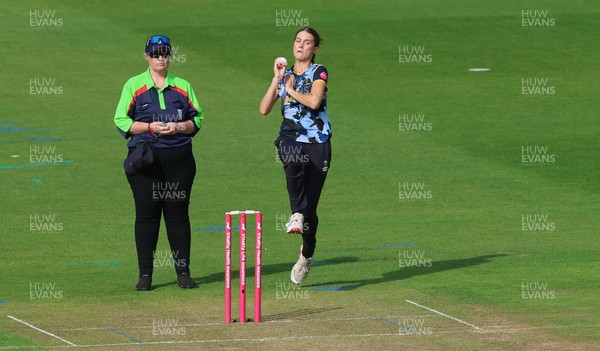 230526 - Glamorgan Women v Derbyshire Falcons Women, Vitality Blast Women League 2 - Eve Jackson of Glamorgan Women bowls