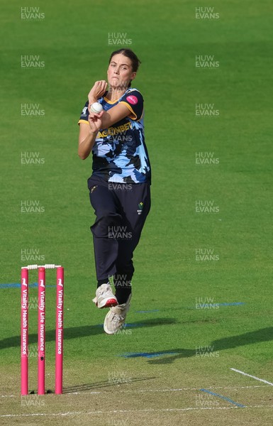 230526 - Glamorgan Women v Derbyshire Falcons Women, Vitality Blast Women League 2 - Eve Jackson of Glamorgan Women bowls