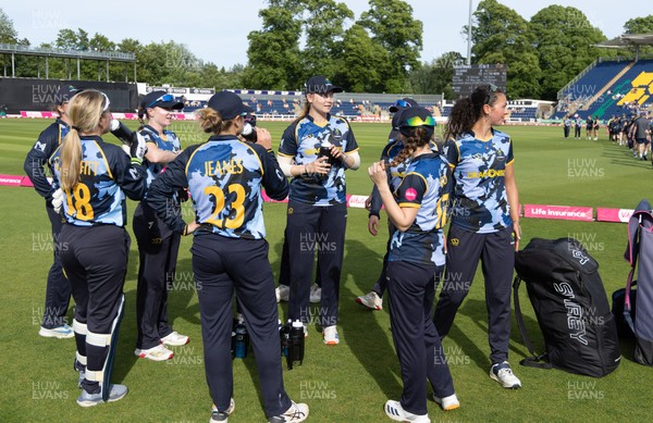 230526 - Glamorgan Women v Derbyshire Falcons Women, Vitality Blast Women League 2 - Glamorgan huddle up after beating Derbyshire Falcons Women
