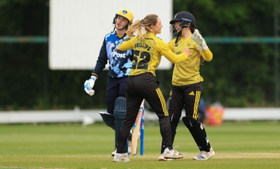 050525 - Glamorgan Women v Gloucestershire Women, Vitality T20 Women’s County Cup - Gloucestershire celebrate taking the wicket of Charlotte Scarborough of Glamorgan Women