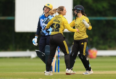 050525 - Glamorgan Women v Gloucestershire Women, Vitality T20 Women’s County Cup - Gloucestershire celebrate taking the wicket of Charlotte Scarborough of Glamorgan Women