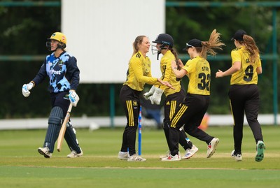 050525 - Glamorgan Women v Gloucestershire Women, Vitality T20 Women’s County Cup - Gloucestershire celebrate taking the wicket of Charlotte Scarborough of Glamorgan Women