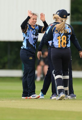 050525 - Glamorgan Women v Gloucestershire Women, Vitality T20 Women’s County Cup - Glamorgan celebrate taking the wicket go Prarthana Reddy of Gloucestershire
