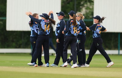 050525 - Glamorgan Women v Gloucestershire Women, Vitality T20 Women’s County Cup - Glamorgan celebrate taking the wicket go Prarthana Reddy of Gloucestershire