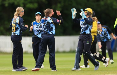 050525 - Glamorgan Women v Gloucestershire Women, Vitality T20 Women’s County Cup - Glamorgan celebrate taking the wicket of Georgina Cant of Gloucestershire