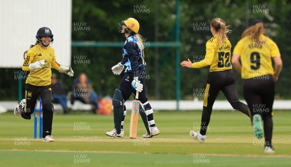 050525 - Glamorgan Women v Gloucestershire Women, Vitality T20 Women’s County Cup - Gloucestershire celebrate taking the wicket of Charlotte Scarborough of Glamorgan Women