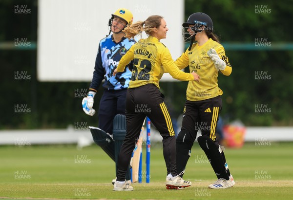 050525 - Glamorgan Women v Gloucestershire Women, Vitality T20 Women’s County Cup - Gloucestershire celebrate taking the wicket of Charlotte Scarborough of Glamorgan Women