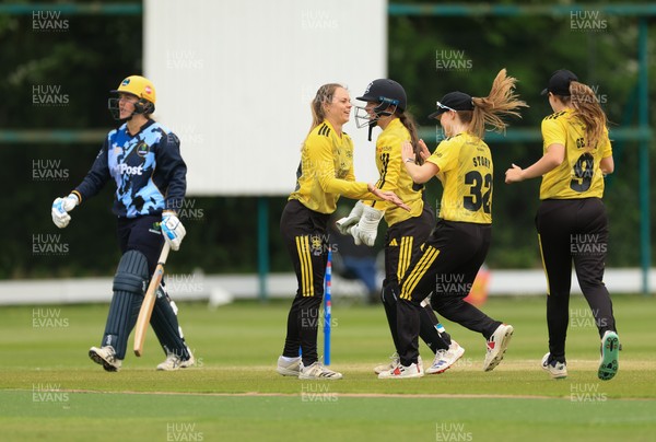 050525 - Glamorgan Women v Gloucestershire Women, Vitality T20 Women’s County Cup - Gloucestershire celebrate taking the wicket of Charlotte Scarborough of Glamorgan Women