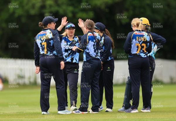 050525 - Glamorgan Women v Gloucestershire Women, Vitality T20 Women’s County Cup - Glamorgan celebrate taking the wicket of Georgina Cant of Gloucestershire