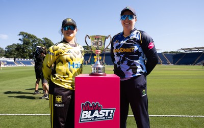 120726 - Glamorgan Women v Gloucestershire Women, Vitality Blast Women League 2 Final - Liv Daniels, captain of Gloucestershire Women and Glamorgan captain Lauren Parfitt with the trophy ahead of the match