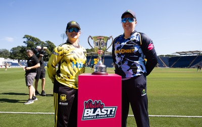 120726 - Glamorgan Women v Gloucestershire Women, Vitality Blast Women League 2 Final - Liv Daniels, captain of Gloucestershire Women and Glamorgan captain Lauren Parfitt with the trophy ahead of the match