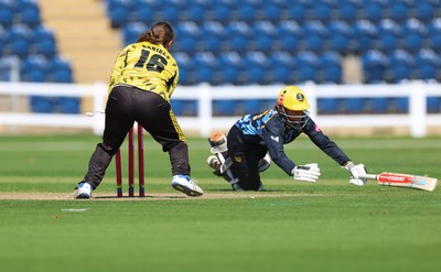 120726 - Glamorgan Women v Gloucestershire Women, Vitality Blast Women League 2 Final - Daisy Jeanes of Glamorgan Women is run out by Liv Daniels of Gloucestershire Women