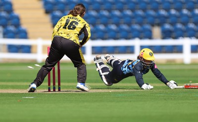 120726 - Glamorgan Women v Gloucestershire Women, Vitality Blast Women League 2 Final - Daisy Jeanes of Glamorgan Women is run out by Liv Daniels of Gloucestershire Women