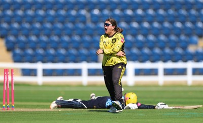 120726 - Glamorgan Women v Gloucestershire Women, Vitality Blast Women League 2 Final - Liv Daniels of Gloucestershire Women celebrates after she runs out Daisy Jeanes of Glamorgan Women
