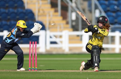 120726 - Glamorgan Women v Gloucestershire Women, Vitality Blast Women League 2 Final - Megan Sturge of Glamorgan Women looks to stump Georgina Start of Gloucestershire Women