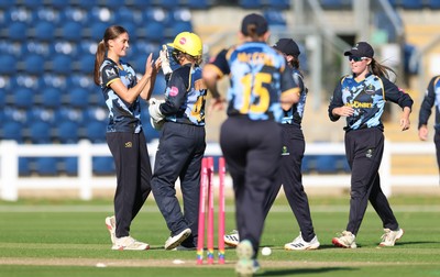 120726 - Glamorgan Women v Gloucestershire Women, Vitality Blast Women League 2 Final - Eve Jackson of Glamorgan Women celebrates after she bowls Georgina Start of Gloucestershire Women