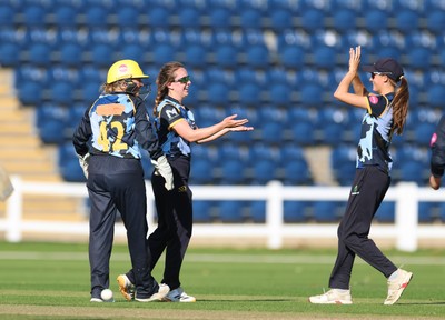 120726 - Glamorgan Women v Gloucestershire Women, Vitality Blast Women League 2 Final - Nicole Reid of Glamorgan Women celebrates after she bowls Caitlin Belcher of Gloucestershire Women