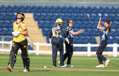 120726 - Glamorgan Women v Gloucestershire Women, Vitality Blast Women League 2 Final - Nicole Reid of Glamorgan Women celebrates after she bowls Caitlin Belcher of Gloucestershire Women