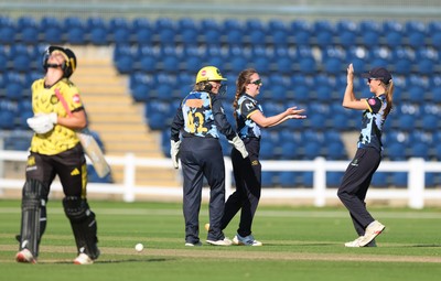 120726 - Glamorgan Women v Gloucestershire Women, Vitality Blast Women League 2 Final - Nicole Reid of Glamorgan Women celebrates after she bowls Caitlin Belcher of Gloucestershire Women