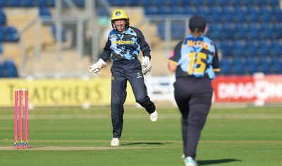 120726 - Glamorgan Women v Gloucestershire Women, Vitality Blast Women League 2 Final - Megan Sturge of Glamorgan Women celebrates as they take the final wicket to win the match