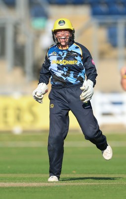 120726 - Glamorgan Women v Gloucestershire Women, Vitality Blast Women League 2 Final - Megan Sturge of Glamorgan Women celebrates as they take the final wicket to win the match