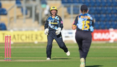 120726 - Glamorgan Women v Gloucestershire Women, Vitality Blast Women League 2 Final - Megan Sturge of Glamorgan Women celebrates as they take the final wicket to win the match