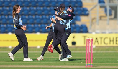 120726 - Glamorgan Women v Gloucestershire Women, Vitality Blast Women League 2 Final - Lauren Parfitt of Glamorgan Women celebrates as they take the final wicket to win the match
