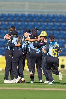 120726 - Glamorgan Women v Gloucestershire Women, Vitality Blast Women League 2 Final - Glamorgan Women celebrate as they take the final wicket to win the match