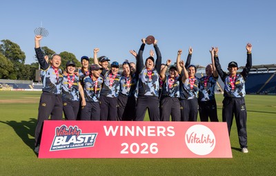 120726 - Glamorgan Women v Gloucestershire Women, Vitality Blast Women League 2 Final - Glamorgan Women celebrate after being presented with the trophy