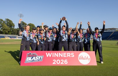 120726 - Glamorgan Women v Gloucestershire Women, Vitality Blast Women League 2 Final - Glamorgan Women celebrate after being presented with the trophy